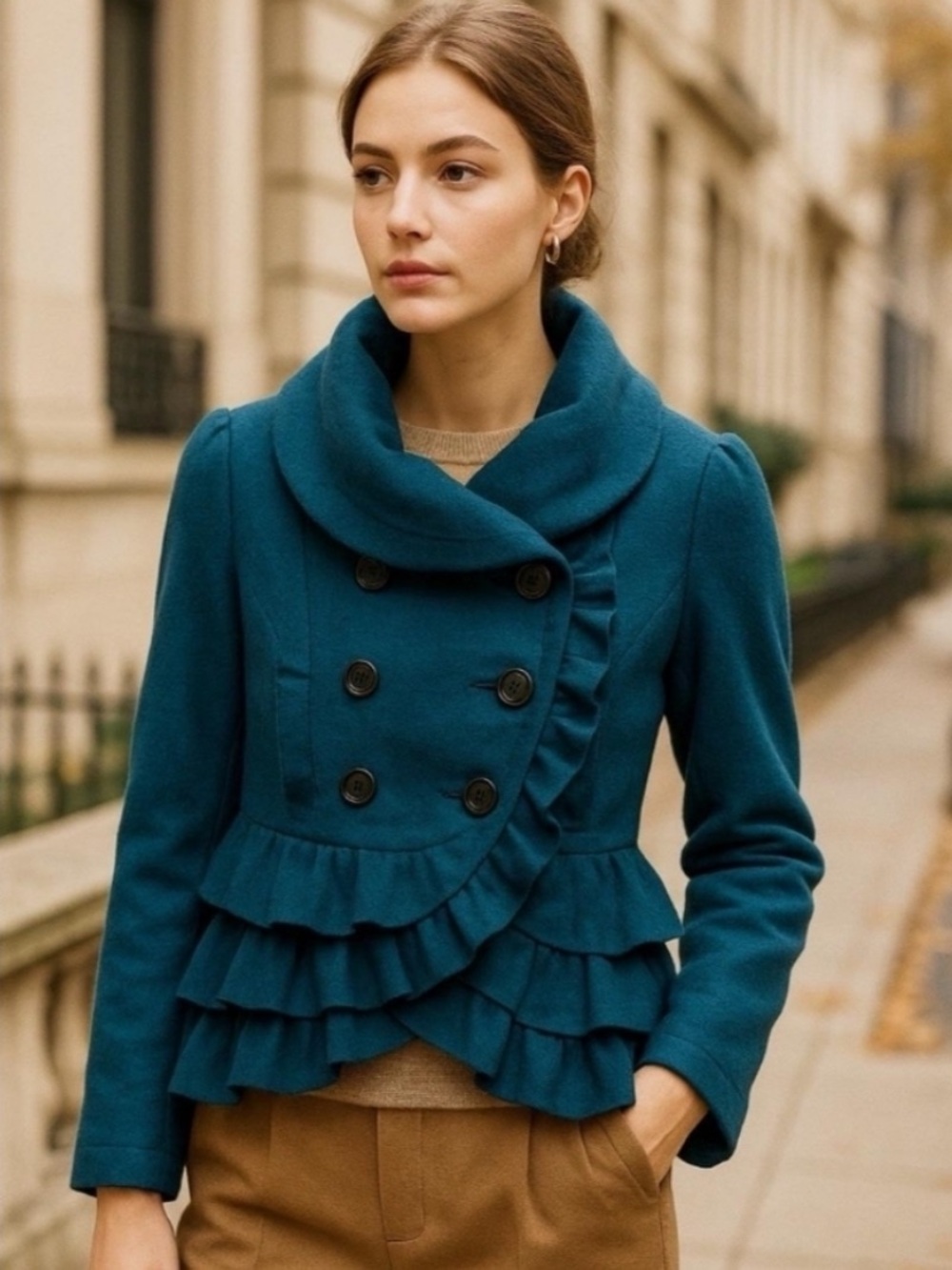 ANTHROPOLOGIE ELEVENES Royal Teal Blue Ruffled Wool Button Peacoat Jacket